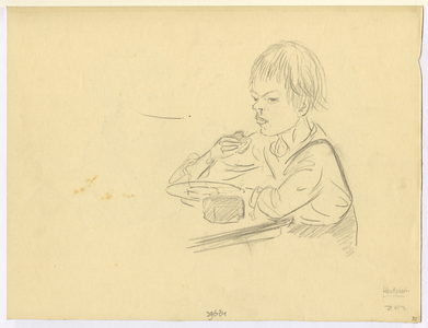 39684 Afbeelding van een broodetend kind in de uitdeelpost Houtplein te Utrecht.